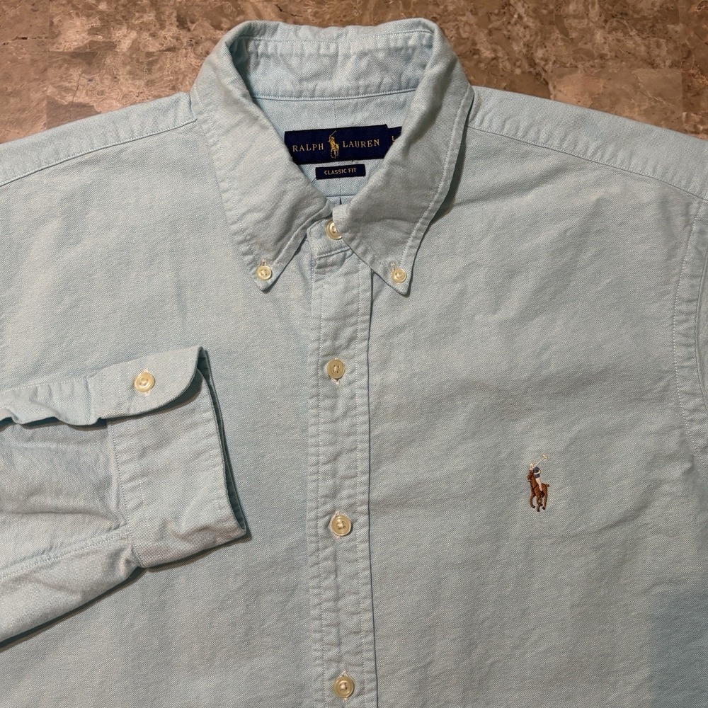 Polo Ralph Lauren Shirt Mens Large Green Teal Solid Oxford Long Sleeve OCBD